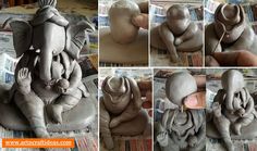 there are many images of an elephant statue made out of clay, including hands and feet