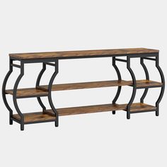 an iron and wood shelf with three shelves on each side, one is open to show the