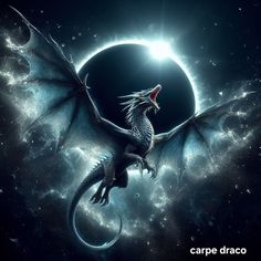 a dragon with its mouth open in front of the moon and stars, it appears to be flying through the air