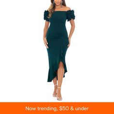 in stock Dillards Women, Diana Wedding, Xscape Dresses, Emerald Dresses, Dress With Ruffle Sleeves, Crepe Midi Dress, Flowing Skirt, Midi Dress With Sleeves, Ruffled Sleeves