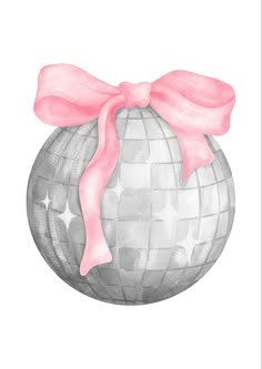 a drawing of a silver disco ball with a pink bow on the front and side