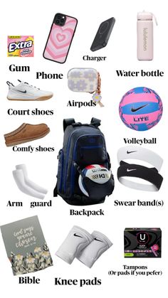 the contents of a backpack are shown in this graphic above it is an image of shoes, water bottles, and other items