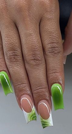 Nail Art Funky Designs, Cute Short Nails Green, Creative Acrylic Nail Designs, African Nails Design Black Women, Aura French Tip Nails, Light Green Nail Art, Nude And Green Nails, Green And Yellow Nails, Green Aura Nails