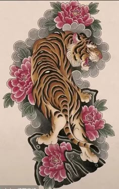 a tiger with flowers on it's back is standing in front of a pink background