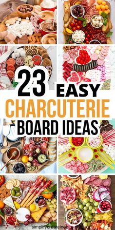 many different types of food are shown in this collage with the words 23 easy charcuterie board ideas