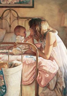 a painting of a mother and her baby in bed with the child looking at him