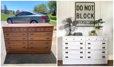 two pictures one with a dresser and the other has a car