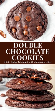 double chocolate cookies stacked on top of each other with the words double chocolate cookies above them