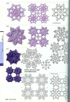 an open book with crochet patterns and instructions to make snowflakes on it