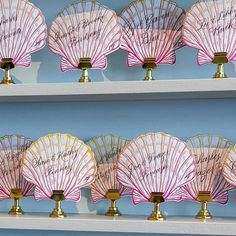 there are many pink and gold seashells on the shelf in front of each other