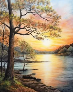 a painting of trees and water at sunset