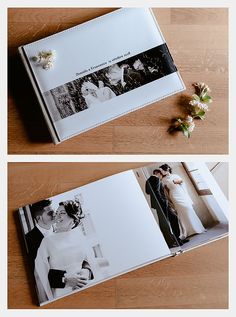 the wedding album is open to show photos and flowers on the wooden floor, along with an image of a bride and groom standing next to each other couple