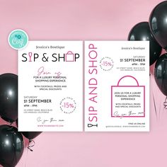 two black and white balloons are in front of a pink background with the words sip and shop on it