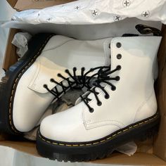 Size 9 Platform Jadon Boots. Never Worn. White Martin Boots With Lug Sole For Fall, White Martin Boots With Lug Sole For Winter, Classic White Closed Toe Boots, Classic White Ankle Boots, High Ankle White Martin Boots With Lug Sole, White High Ankle Martin Boots With Lug Sole, White Platform Boots With Reinforced Heel And Round Toe, White Leather Closed Toe Martin Boots, White Boots With Lug Sole And Round Toe