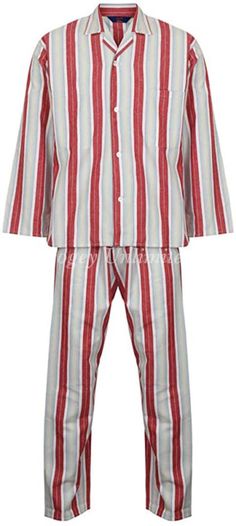 Somax produce proper traditional heavyweight Flannel Nightshirts and Pyjamas  You can choose The Nightshirt with a closed front and buttons to the neck  or  Traditional tie waist pyjamas as we have here  Available is Wine stripe or Navy stripe  Sizing         Chest      Waist (for pyjamas)  M    38-40      32/35  L     41-43      36/40  XL   44-46      41/44  2XL 47-48      50  3XL 49-53      54  4XL 54-56      60  Material: 100% brushed cotton  Established in the early 1900's Somax has been sup Braces Suspenders, Vintage Pajamas, Midnight Garden, Beautiful Suit, Detachable Collar, Night Cap, Cotton Pyjamas, Mens Pajamas, Red Stripe