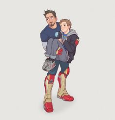 a drawing of a man holding a child in his arms, with the caption iron man