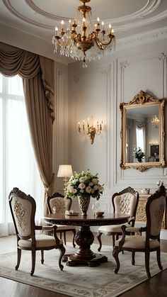 an elegant dining room with chandelier, chairs and a round table in the center