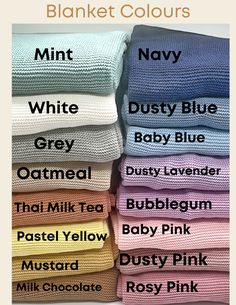 towels are stacked on top of each other with names in different colors and font options