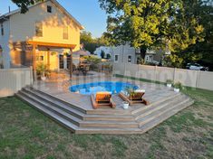 a backyard with a swimming pool and deck