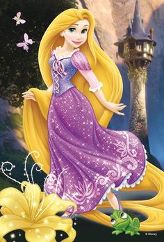 the princess is standing in front of a castle with flowers and butterflies around her feet