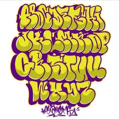 graffiti font in purple and yellow colors on a white background with the letters below it