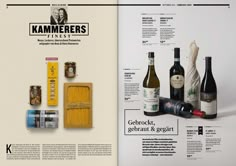 an open magazine with wine bottles and cheeses on it's cover, in german