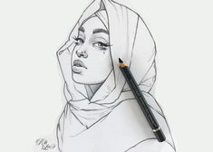 a pencil drawing of a woman wearing a headscarf