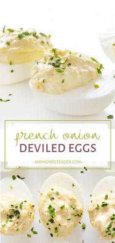 deviled eggs with chives and parsley on them are served in white plates