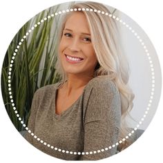 a woman with blonde hair is smiling in a circular frame, surrounded by plants and greenery