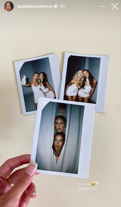 three polaroid photos are being held up to show the same woman's face