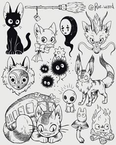 an ink drawing of various cartoon animals