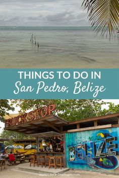 Top image with a beach and a palm leaf, lower image with a beach bar with a "Truck Stop" sign and a mural about Belize and the text "Things to do in San Pedro, Belize" Ambergris Caye Belize, Ambergris Caye, Best Snorkeling, Beachfront Hotels, Famous Beaches, Secret Beach