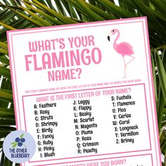 a pink flamingo sign hanging from the side of a palm tree with information about what's your flamingo name