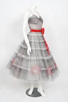 Vintage 1950's Emma Domb Red Roses Illusion Print Tulle Full-Skirt Party Dress For Sale at 1stDibs 1950s Style Fitted Party Petticoat, Vintage Fitted Tulle Dress, Vintage Organza Party Dresses, Fitted Vintage Tulle Dress, Fitted Vintage Tulle Skirt Dress, Evening Tulle Petticoat, Vintage Tulle Skirt Dress For Party, Vintage Tulle Dress For Party, Vintage Organza Prom Dress