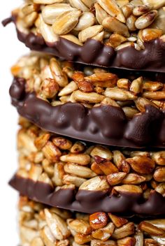 chocolate and nuts are stacked on top of each other