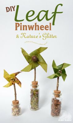 three small bottles filled with different types of plants in them and the words, diy leaf pinwheel & nature's glitter