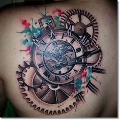 a man with a clock tattoo on his back