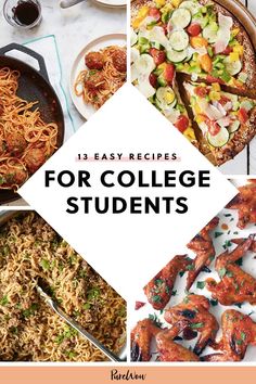 collage of college student meals with text overlay that reads 13 easy recipes for college students