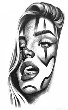 a drawing of a woman's face painted in black and white