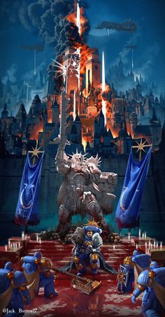 an image of a fantasy castle with blue and red decorations on the front, surrounded by other items