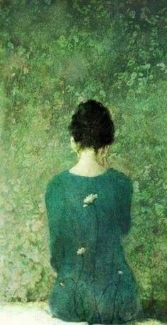 a painting of a woman sitting in front of a green wall with flowers on it