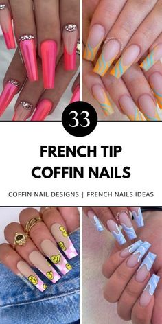 Mix colors like blue, red, and pink with ombre or chrome finishes for unique French tip coffin nails. Perfect for any season! Save this pin for ideas. Chic Short Nails, Cute French Tip, Nails Styles, Black White Nails, French Tip Nail Designs, Classic French Manicure