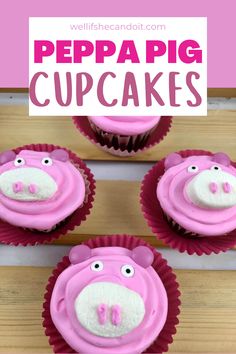 pink piggy cupcakes with white frosting on top