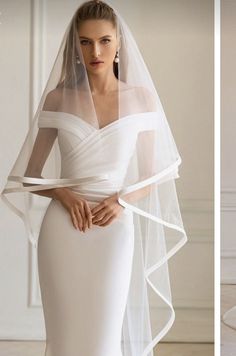 two pictures of a woman in a wedding dress and veil