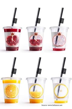 four cups with different types of fruit in them and one is filled with orange juice