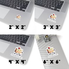 four stickers on the side of a laptop keyboard and one with an image of a piece of cake