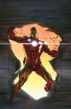 the iron man is standing in front of a wall with his hands up and glowing