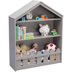 a book shelf with stuffed animals and toys on it's sides, in front of a white background