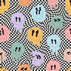 an abstract pattern with different colored faces on black and white checkered background