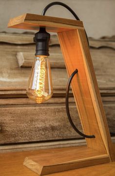 a light bulb sitting on top of a wooden stand